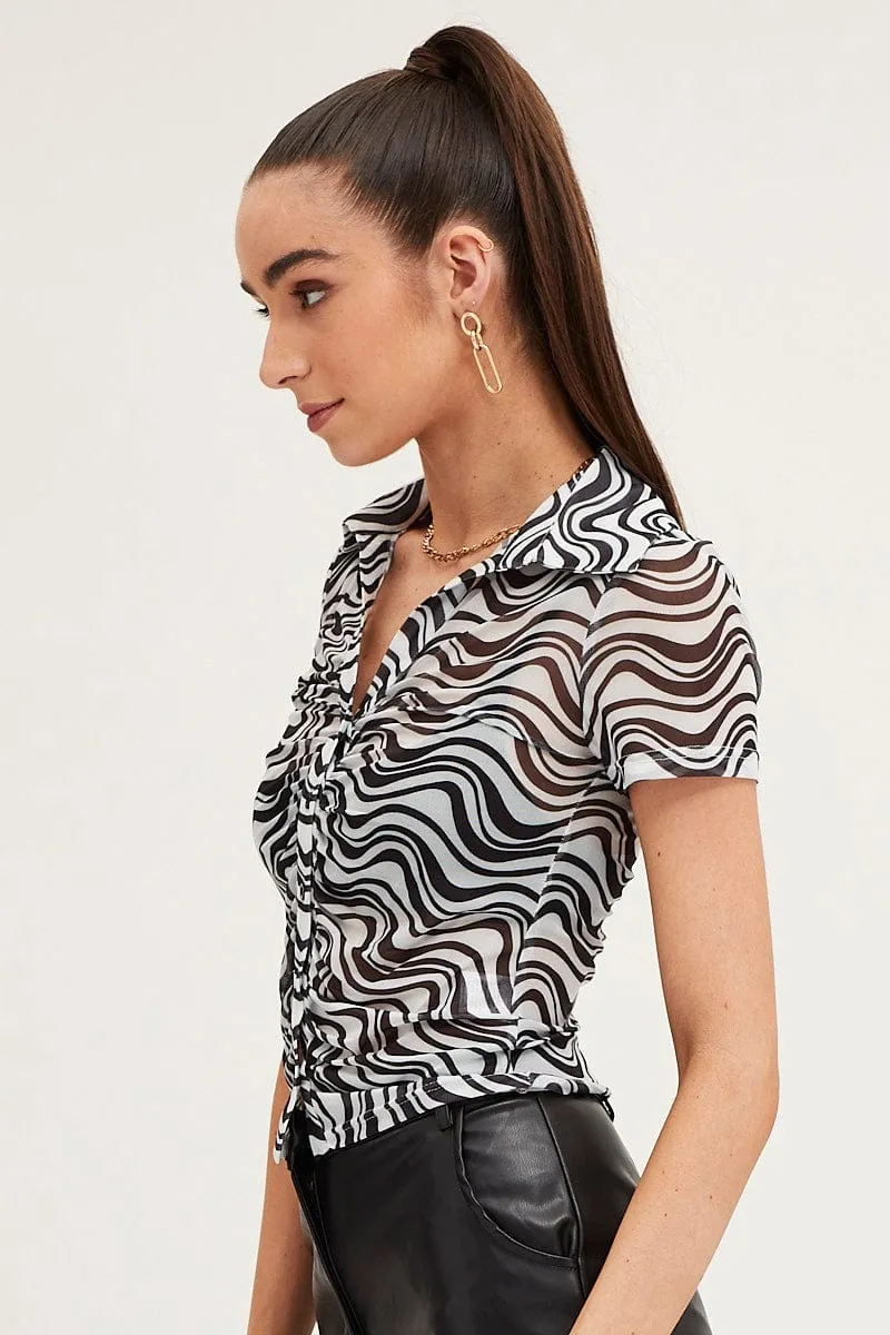 Abstract Print Shirt Short Sleeve Mesh Modern Outfit Camera Glow