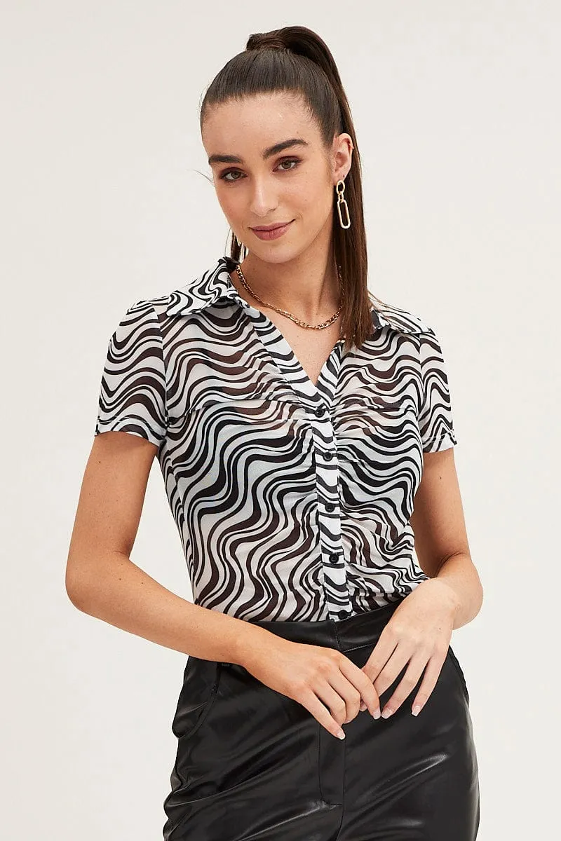 FlexibleElasticity Abstract Print Shirt Short Sleeve Mesh