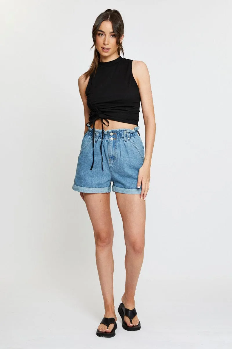 Black Crop Top Side Drawstring Dense Fit