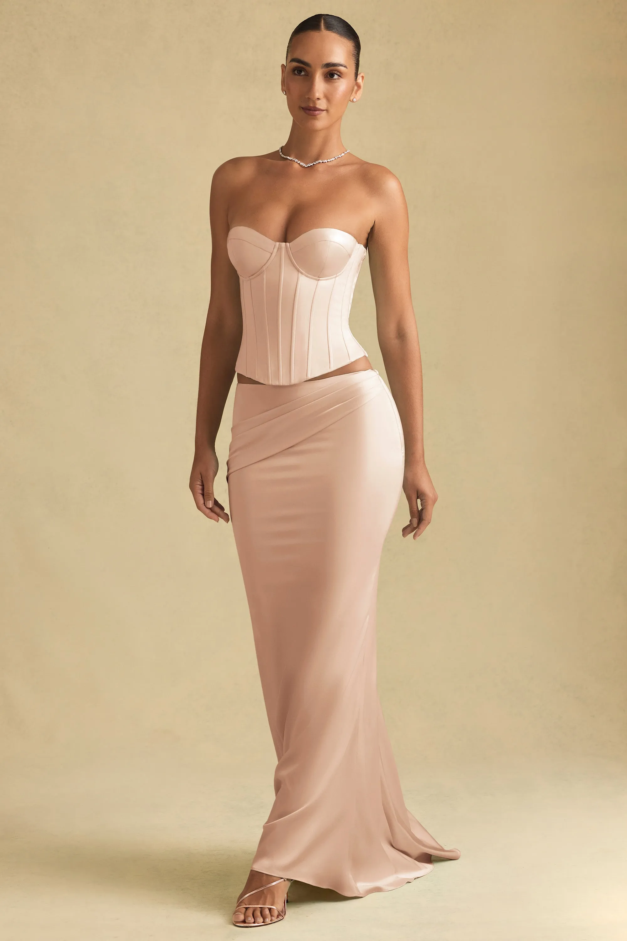 Chill Mood Draped Low-Rise Maxi Skirt in Beige Gold