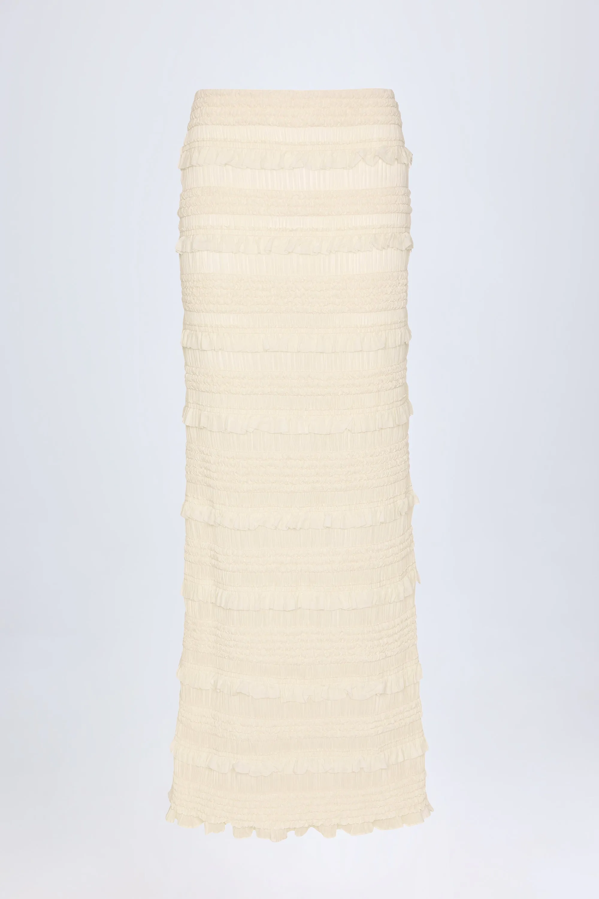 Ruffled Mid-Rise Maxi Skirt in Ivory Pull On Style Two Tone Trim
