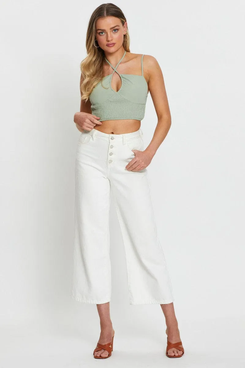 Green Singlet Top Sleeveless Crop PreShrunkFabric