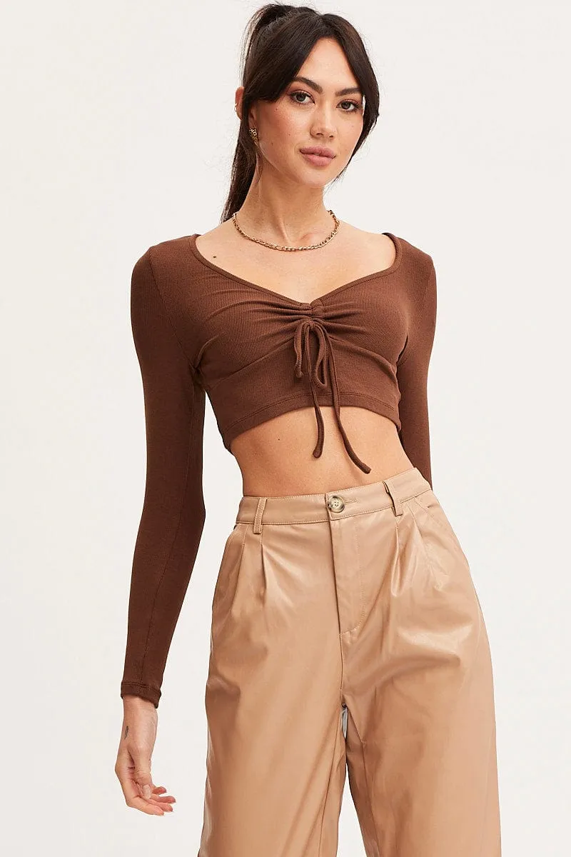 Brown T Shirt Long Sleeve Drawstring Trend Glow Cyber Glow