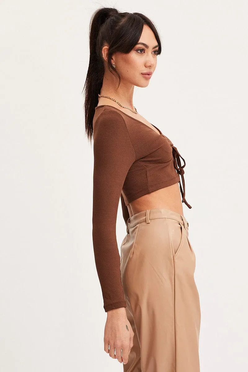 Brown T Shirt Long Sleeve Drawstring Lightweight Layering HighNeckStyle