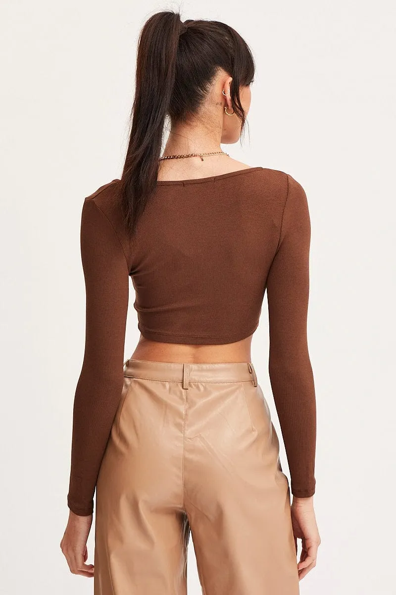Brown T Shirt Long Sleeve Drawstring ShapeRetentionCloth