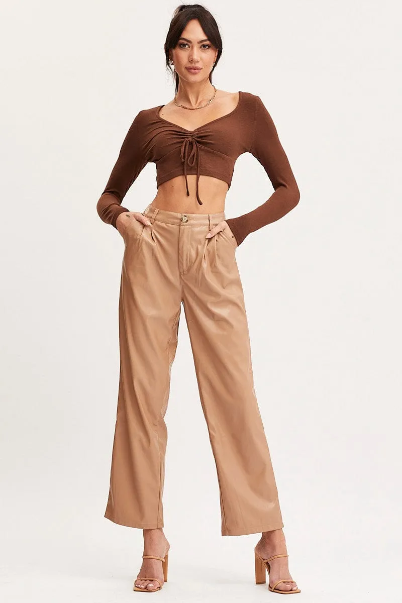 Brown T Shirt Long Sleeve Drawstring FlexibleCollar