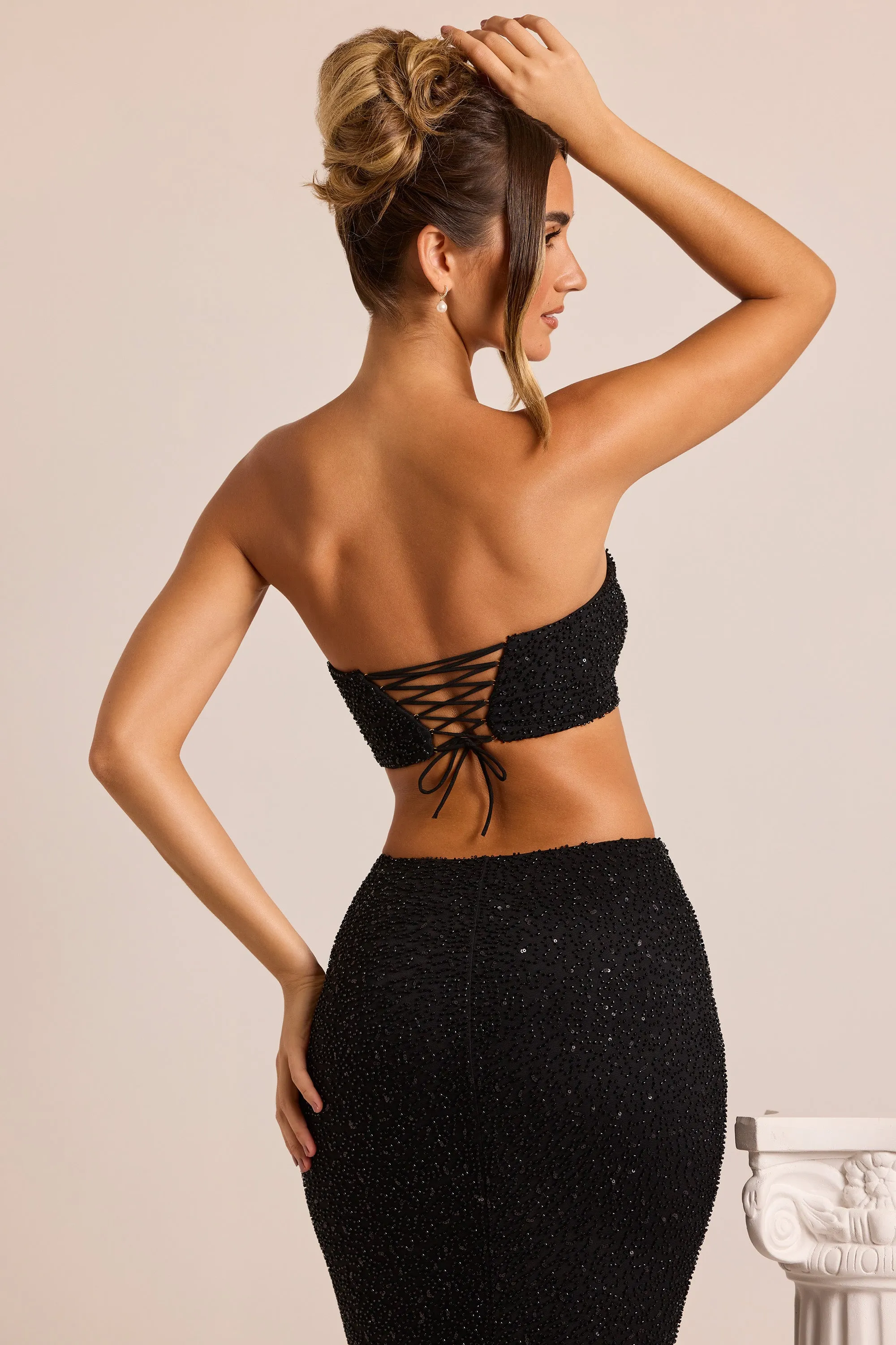 Flash Core Ventilated Back Panels Embellished Strapless Corset Top in Black