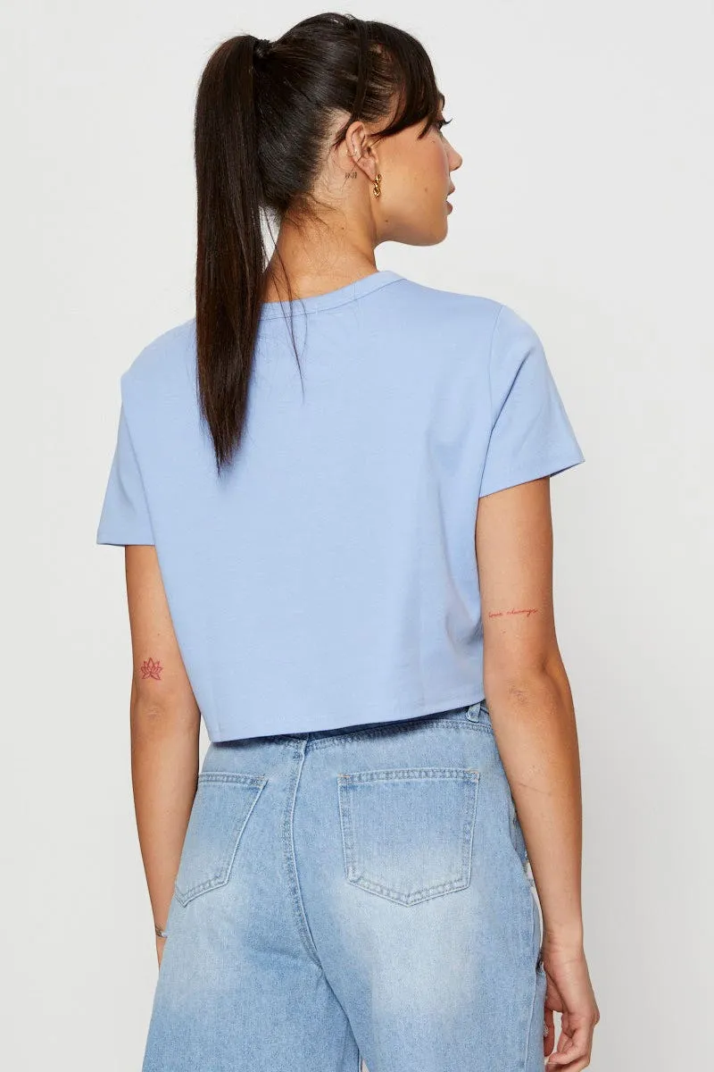 Tailored Fit Blue T Shirt Short Sleeve Crop Crew Neck Cotton