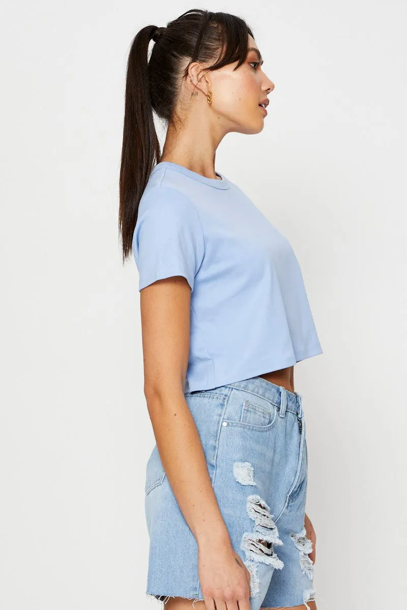 HypoallergenicYarn Blue T Shirt Short Sleeve Crop Crew Neck Cotton