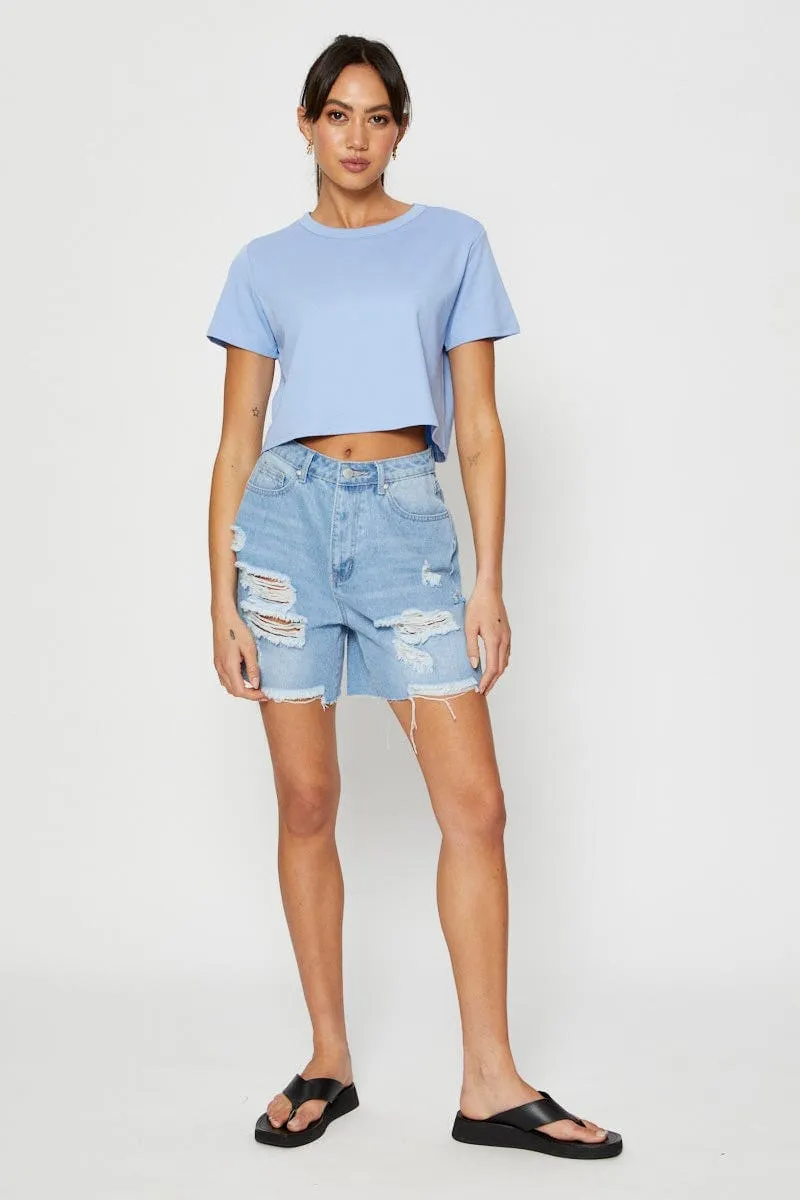Shoot Mood Fairy Mood Blue T Shirt Short Sleeve Crop Crew Neck Cotton
