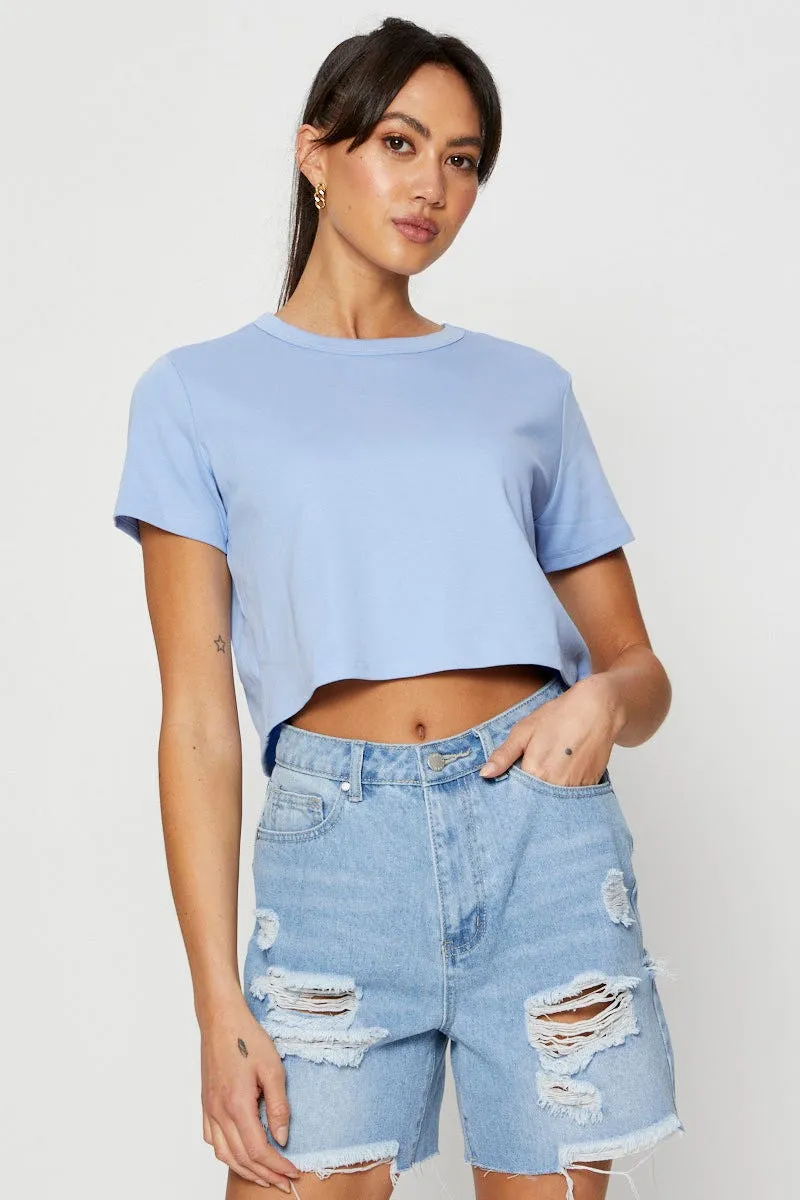 Joy Mood Blue T Shirt Short Sleeve Crop Crew Neck Cotton