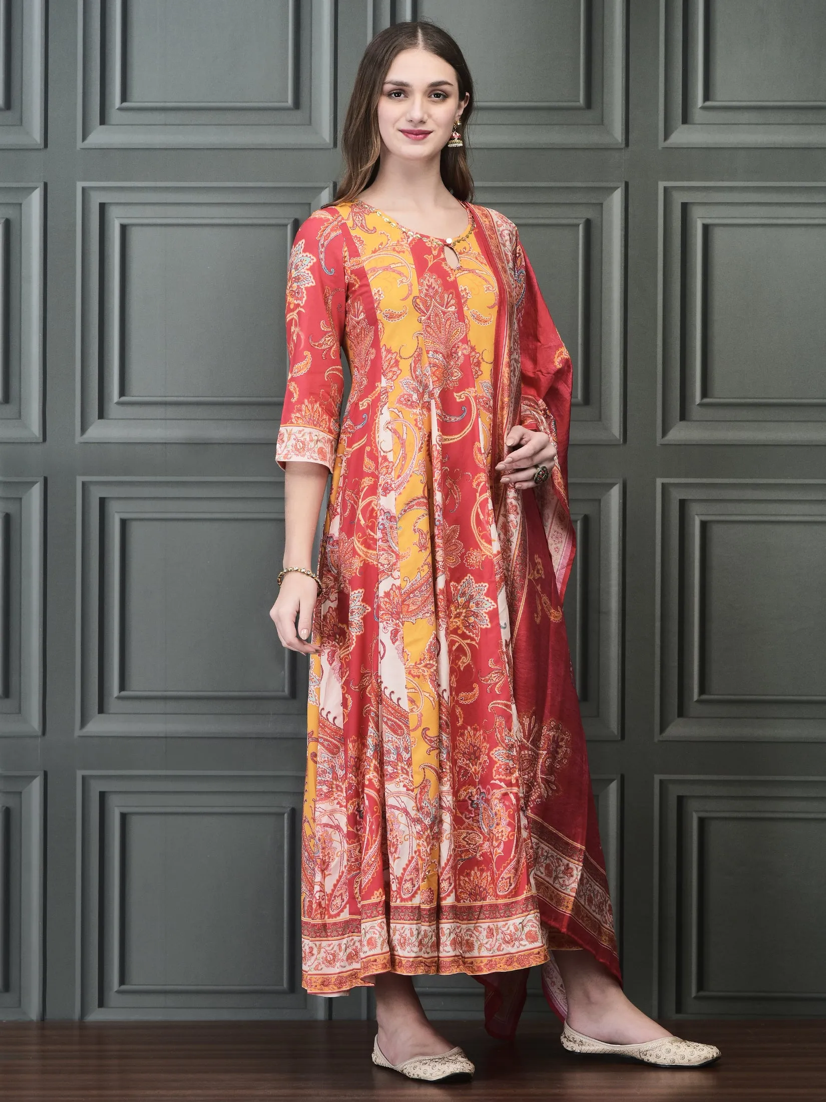 Women Liva (Rayon) Multicolor Paisley Print Dress With Chanderi Dupatta Festival Air ShrinkageFree Fabric