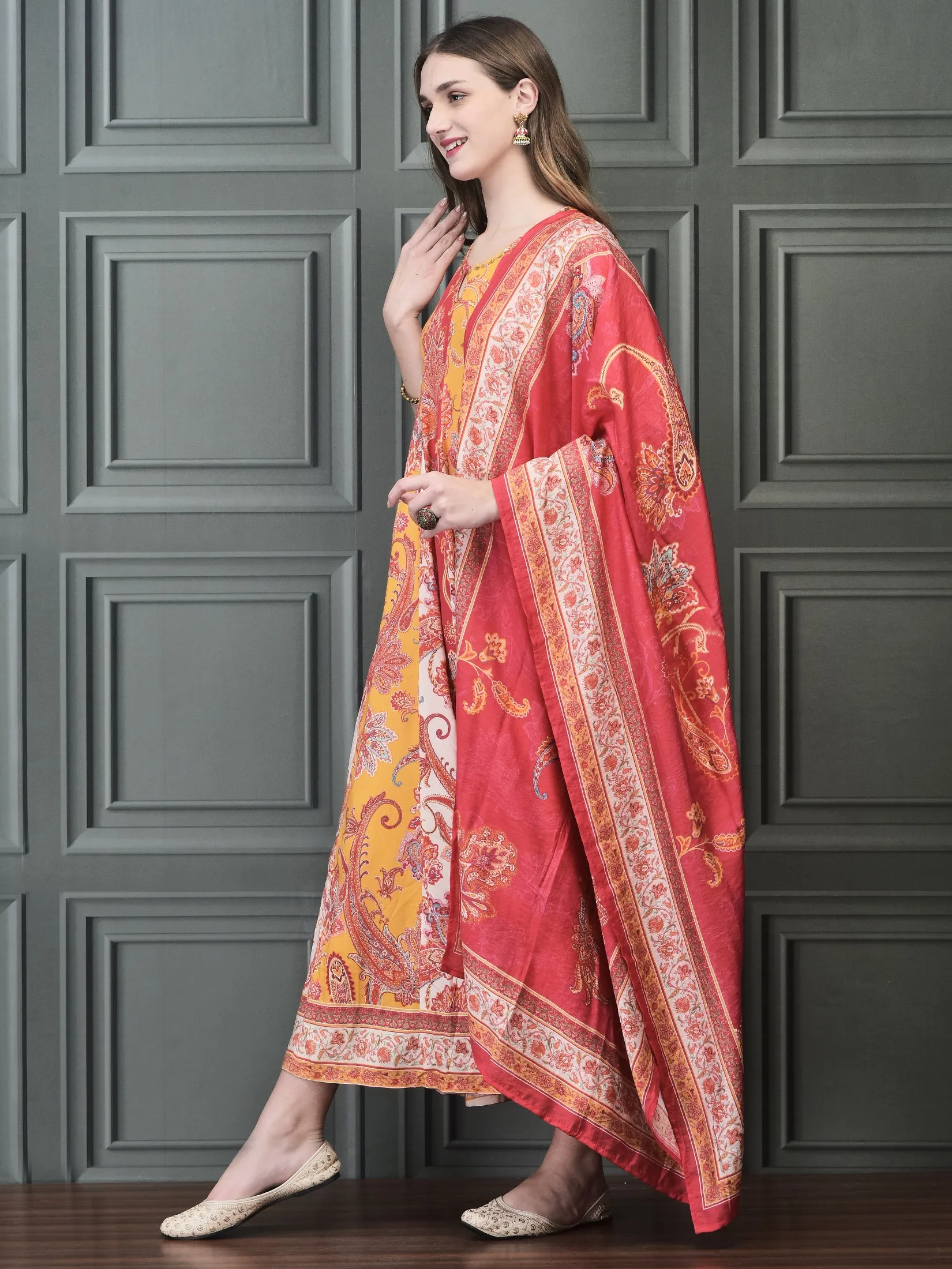 Wardrobe Essential Women Liva (Rayon) Multicolor Paisley Print Dress With Chanderi Dupatta