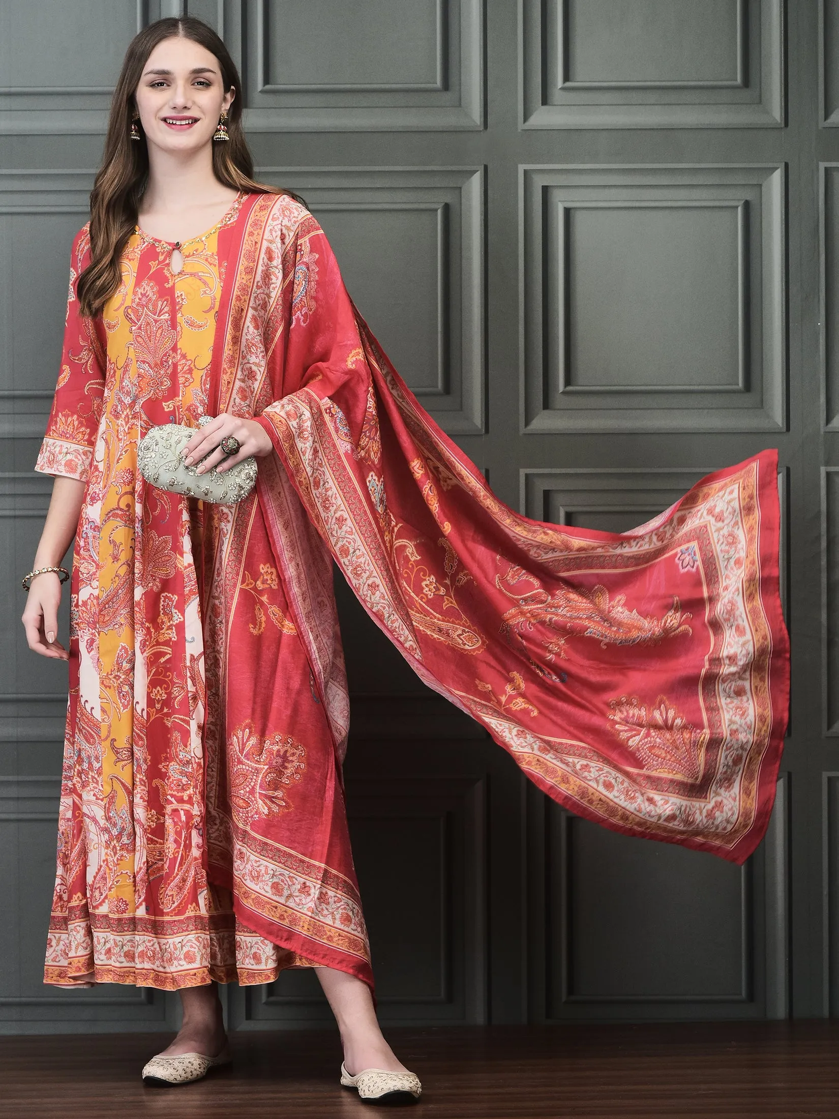 Women Liva (Rayon) Multicolor Paisley Print Dress With Chanderi Dupatta Cozy Layers Street Icon