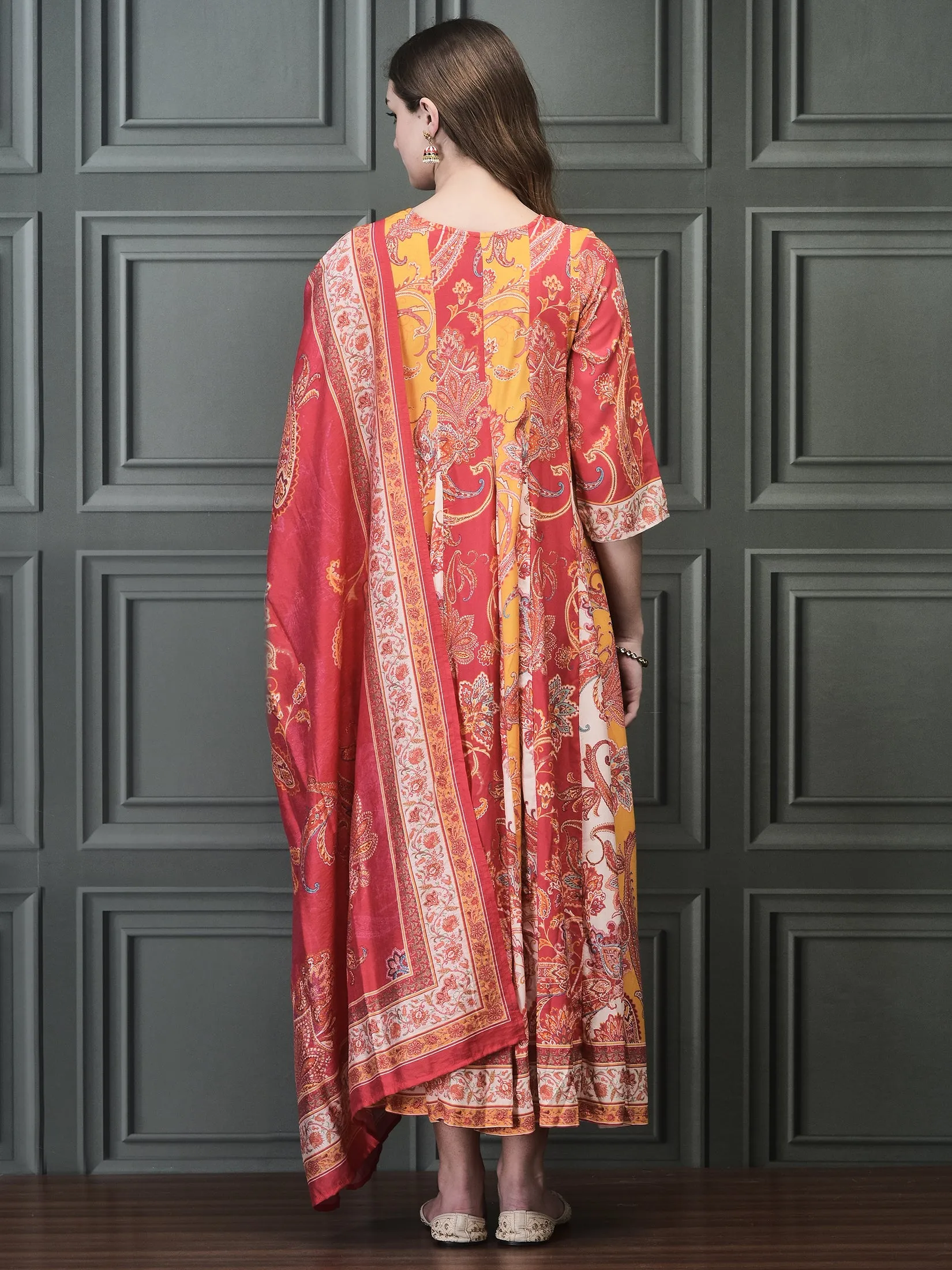 EcoFriendlyDyeProcess Ergonomic Cut Women Liva (Rayon) Multicolor Paisley Print Dress With Chanderi Dupatta