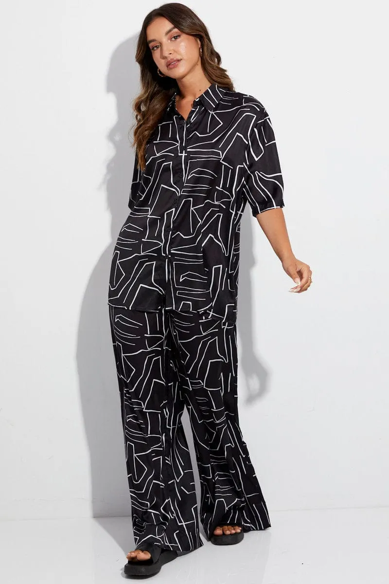 Black Abstract Relaxed Fit Shirt Short Sleeve Collared Longline FlatlockStitching