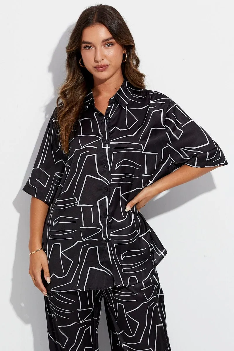Polish Core Black Abstract Relaxed Fit Shirt Short Sleeve Collared Longline