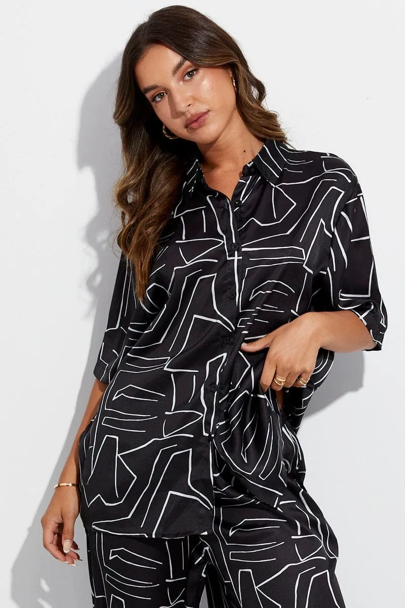 Active Ease Black Abstract Relaxed Fit Shirt Short Sleeve Collared Longline