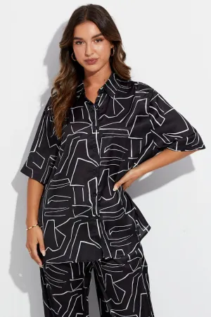 Polish Core Black Abstract Relaxed Fit Shirt Short Sleeve Collared Longline
