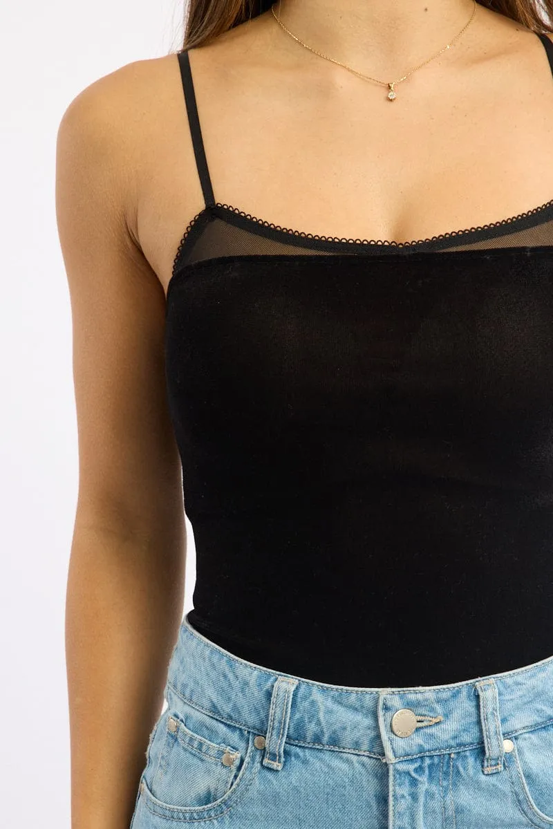 Chic Edge FourWayStretch Black Singlet Bodysuit Velvet