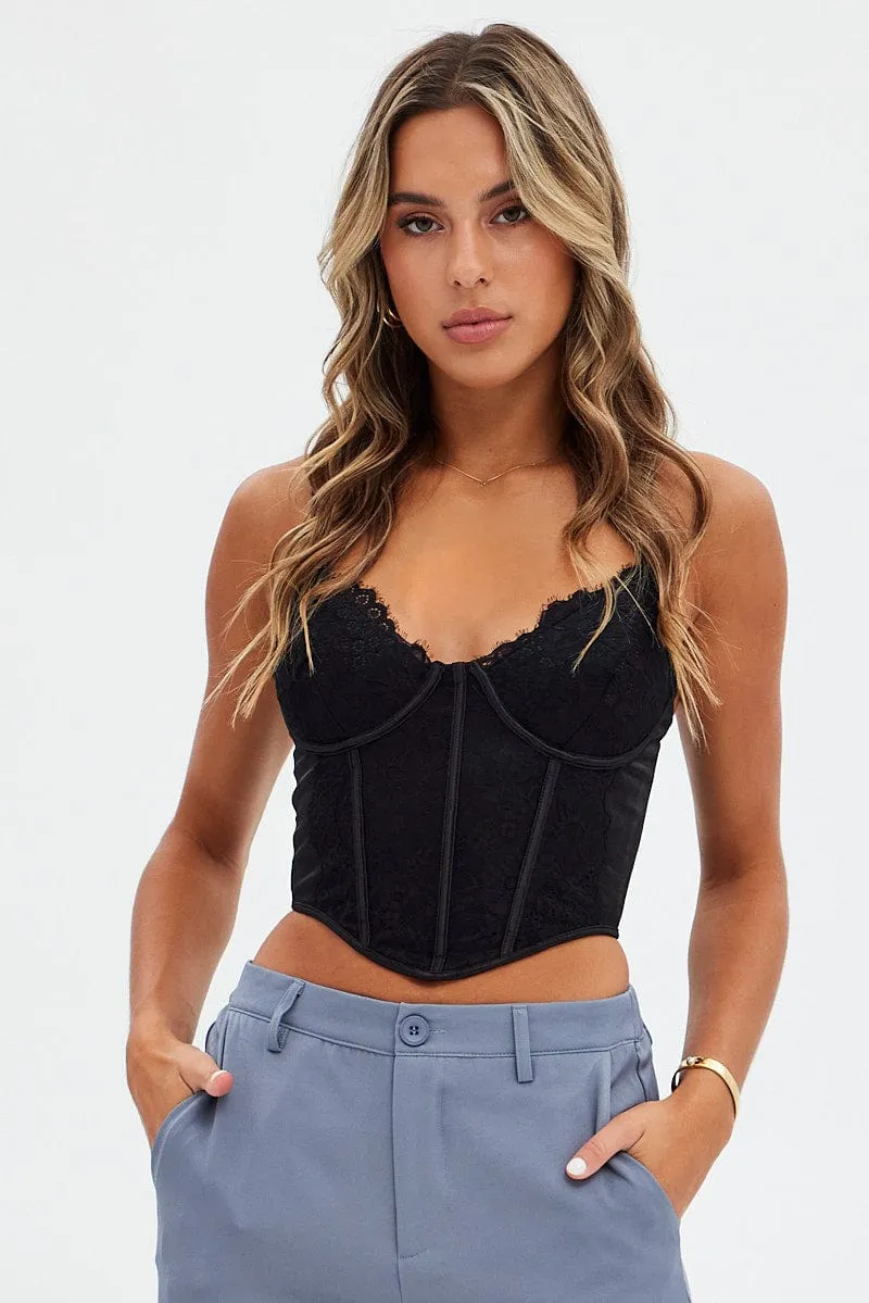 Trendy Jacket Black Corset Singlet Sleeveless Scoop Neck Lace