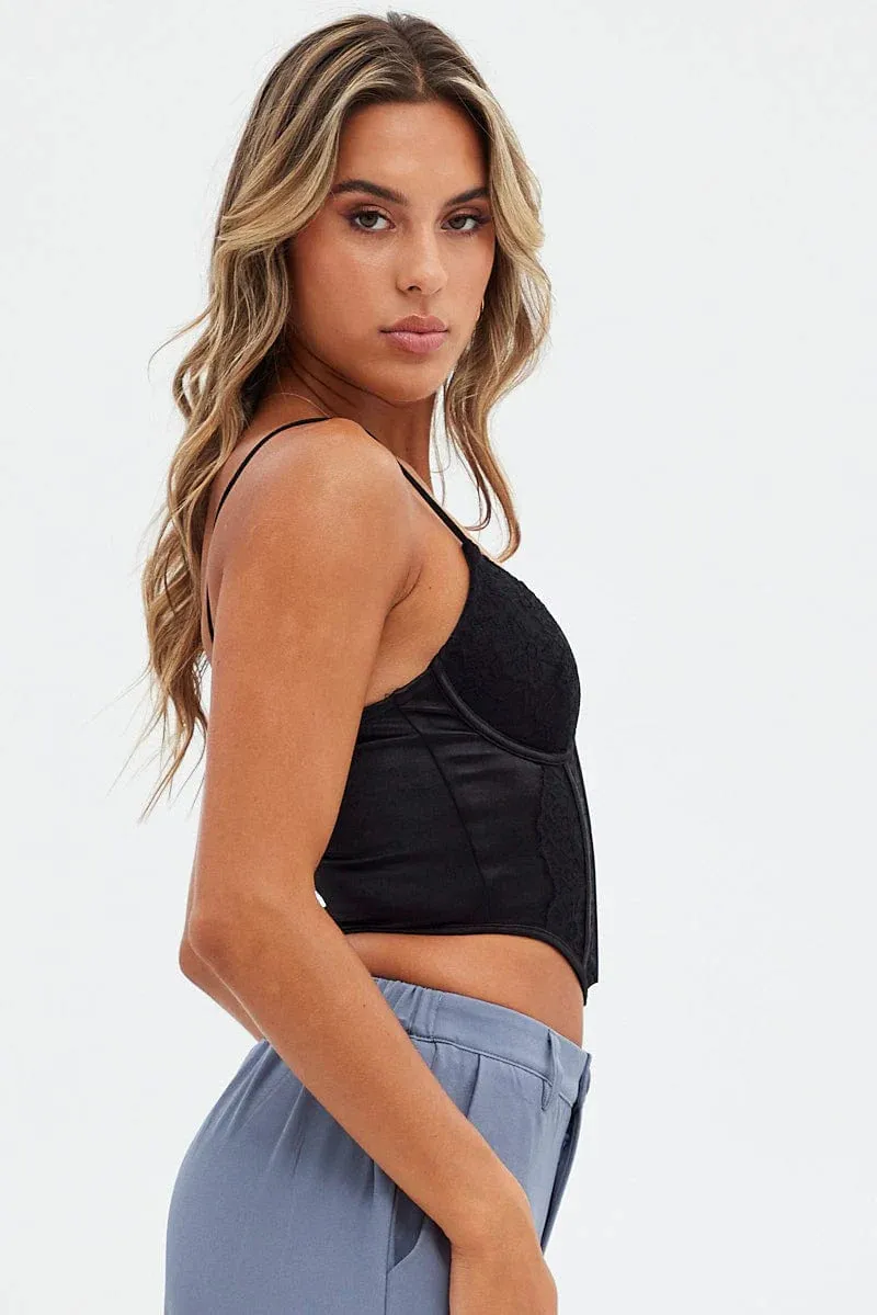 Sporty Style Black Corset Singlet Sleeveless Scoop Neck Lace
