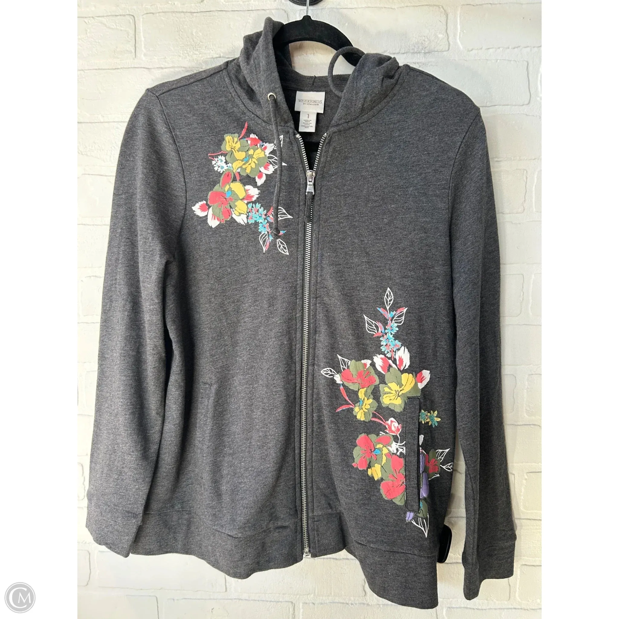 Machine Fit LightweightDesign Sweatshirt Hoodie By Chicos In Grey & White, Size: M