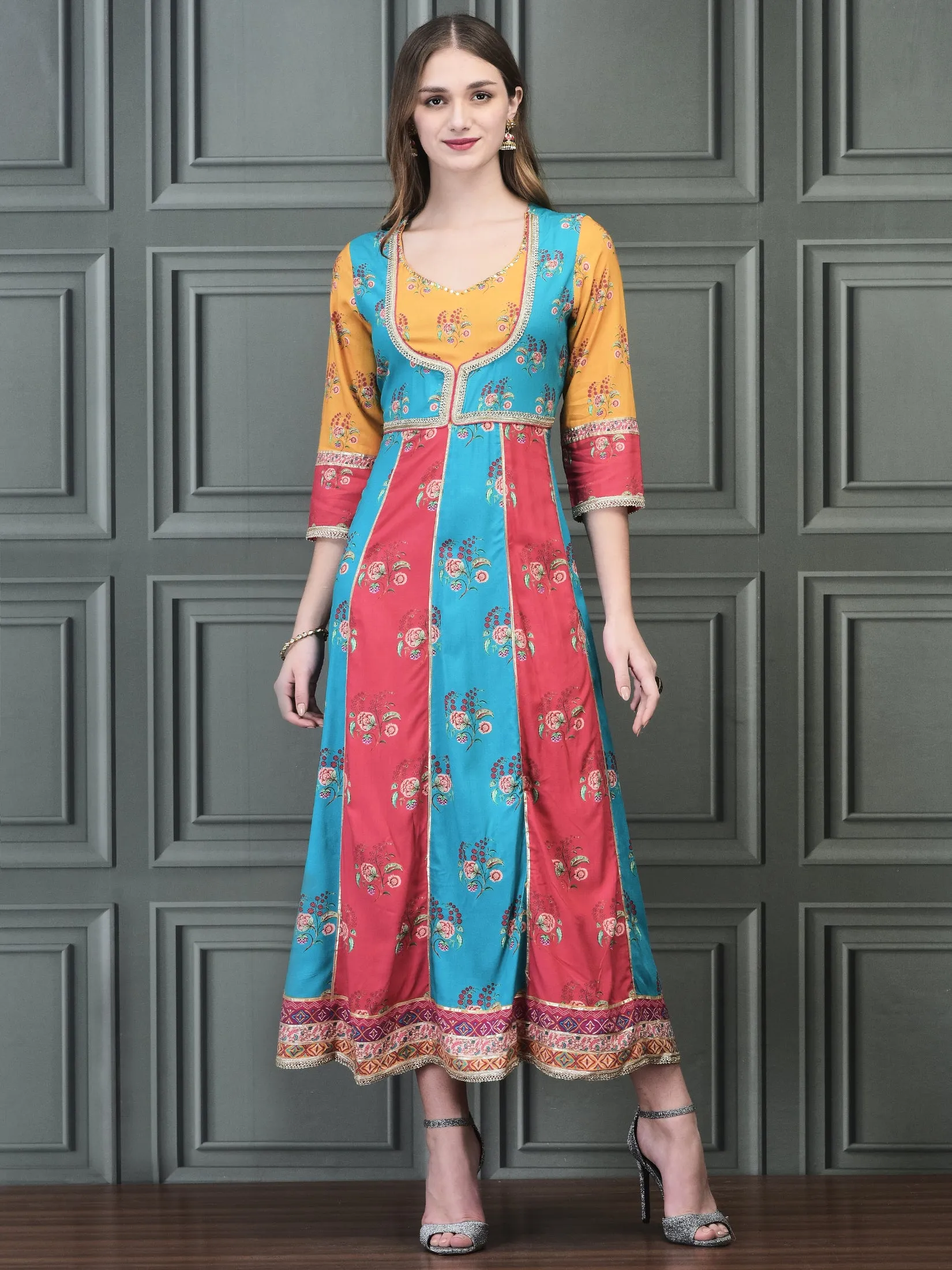 Matte Tone Women Liva (Rayon) Multicolor Floral Print Dress
