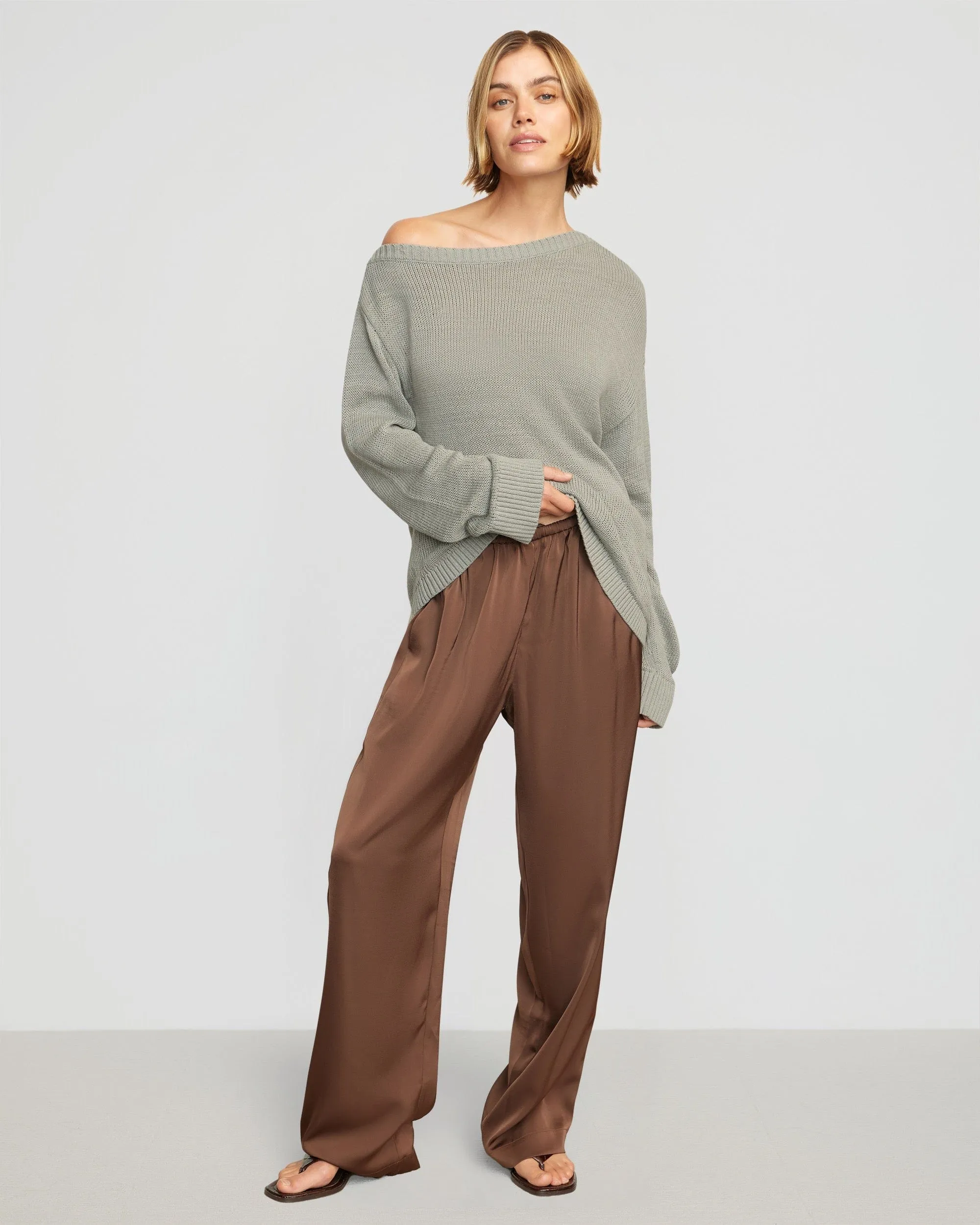Dana Stretch-Waist Satin Pant Layer Comfort Double Stitched Seams