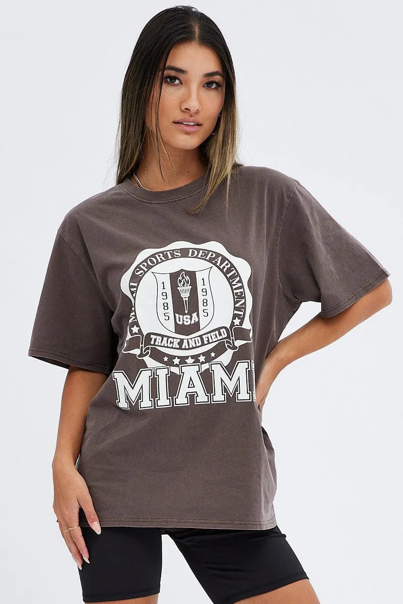 Brown T Shirt Short Sleeve Round Neck Miami Travel Trend Look Stretchable Knit