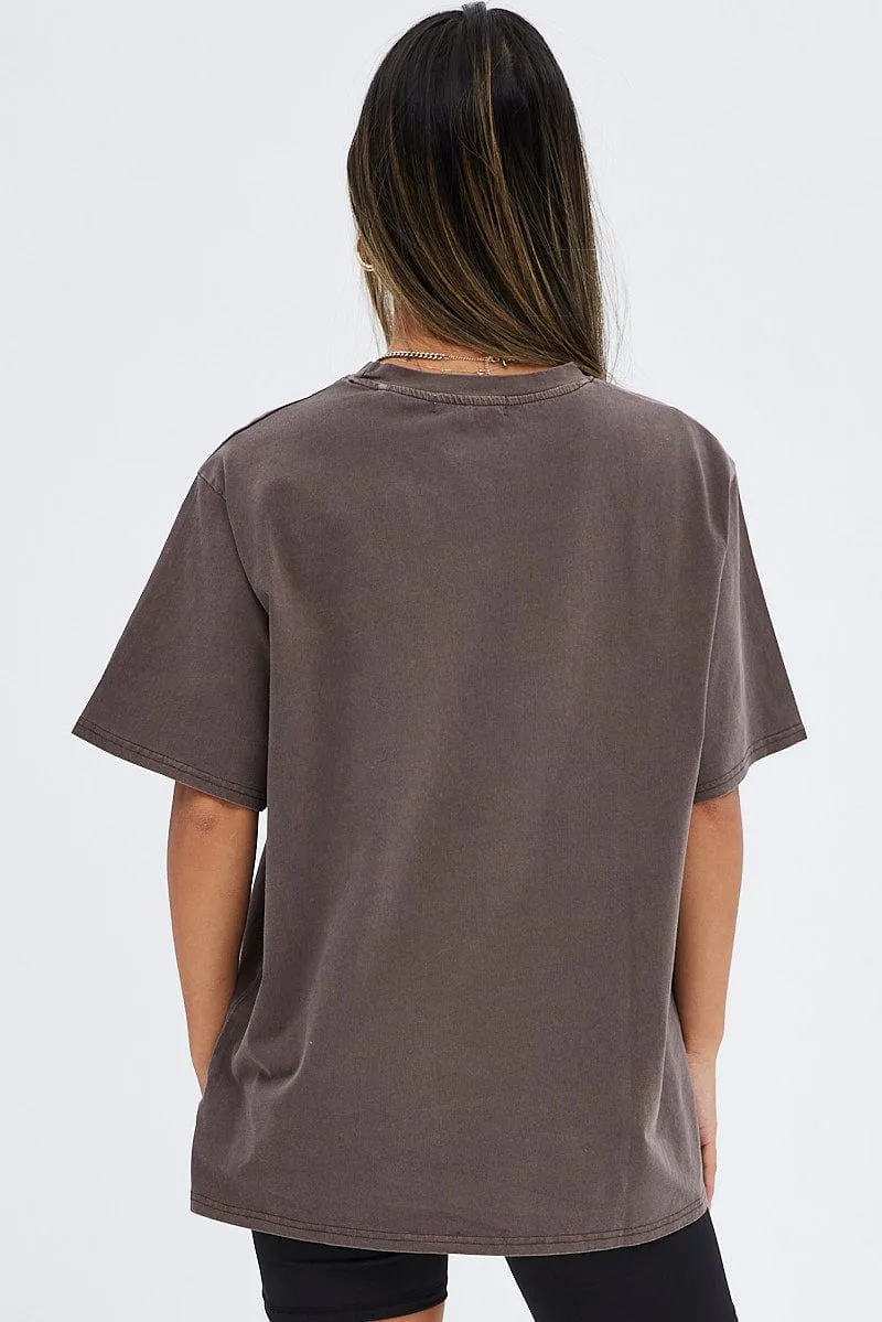 Brown T Shirt Short Sleeve Round Neck Miami Side Vent Design Subtle Embroidery
