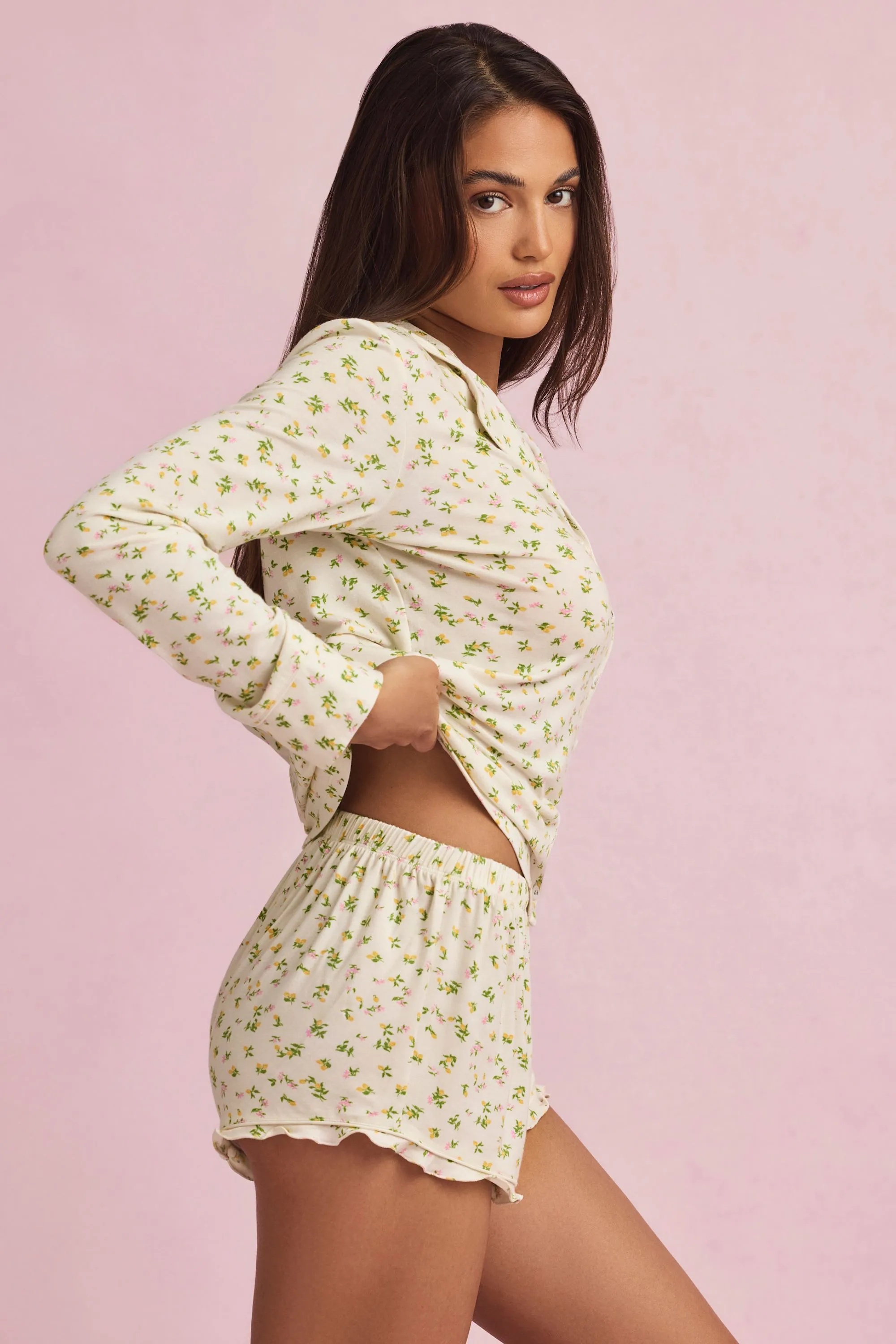 Modal Ruffle-Trim Pyjama Shorts in Lemon Print Flexible Cut Holiday Wear
