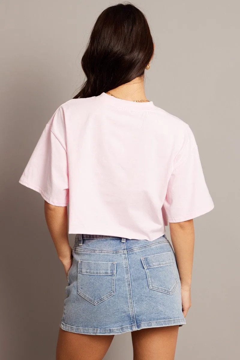 Wicking Interlock Knit Pink Graphic Tee Crop Short Sleeve
