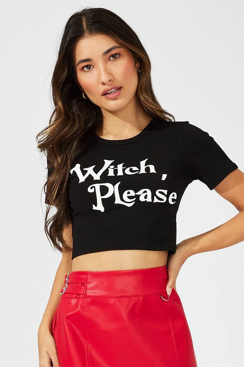 Essential Comfort Black Halloween Tee Witch Slogan Crop Baby T-shirt
