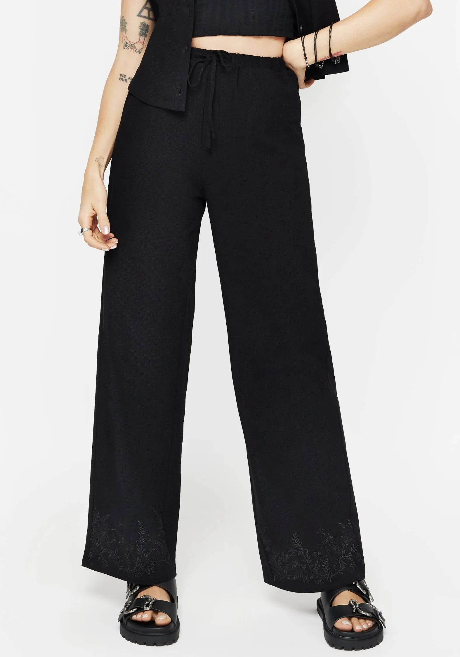 Anti Pilling Surface Thorell Embroidered Cotton Wide Leg Trousers