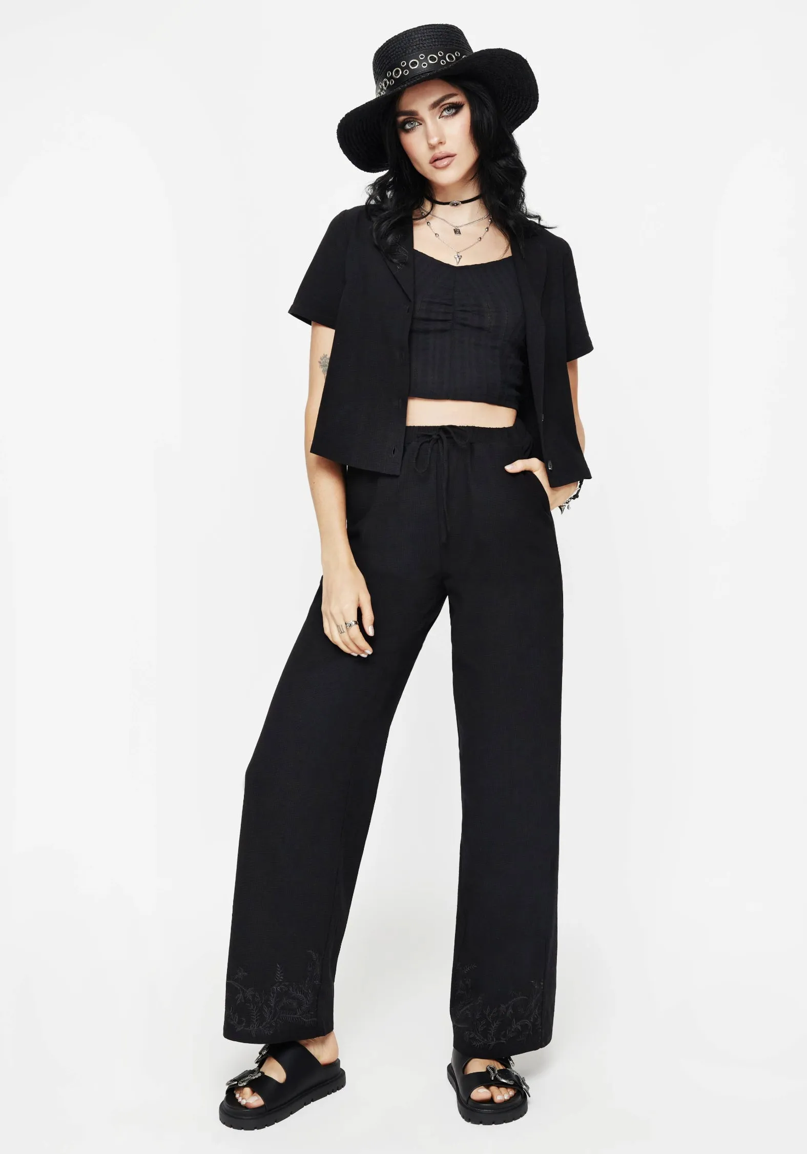 Slim Stretch Thorell Embroidered Cotton Wide Leg Trousers