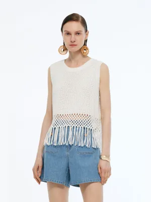 City Style AntiPilling Surface Sequins Tassel Hem Women Openwork Knit Tank Top