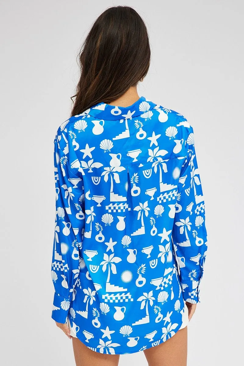 Blue Abstract Shirt Long Sleeve World Edge