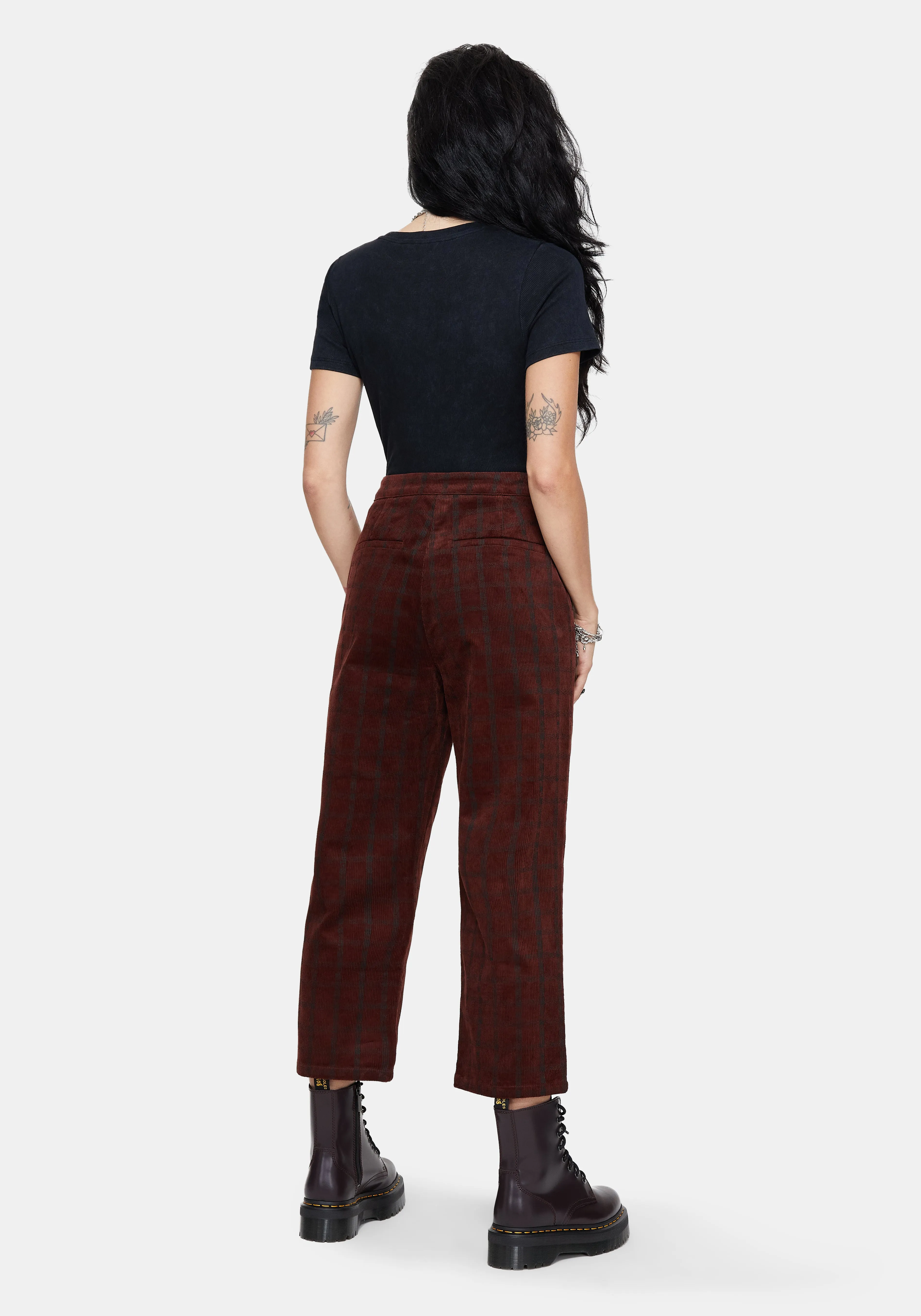 Versatile Look Terracotta Cotton Cord Check Straight Leg Crop Trousers