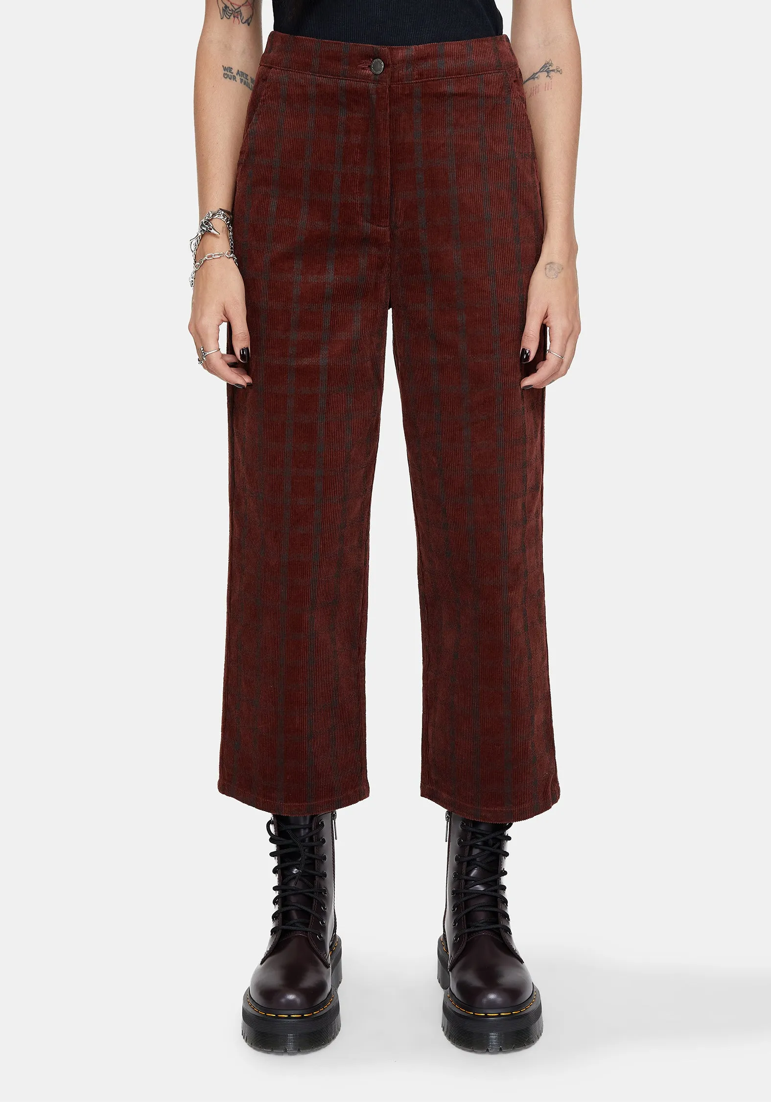 Terracotta Cotton Cord Check Straight Leg Crop Trousers Wool blend