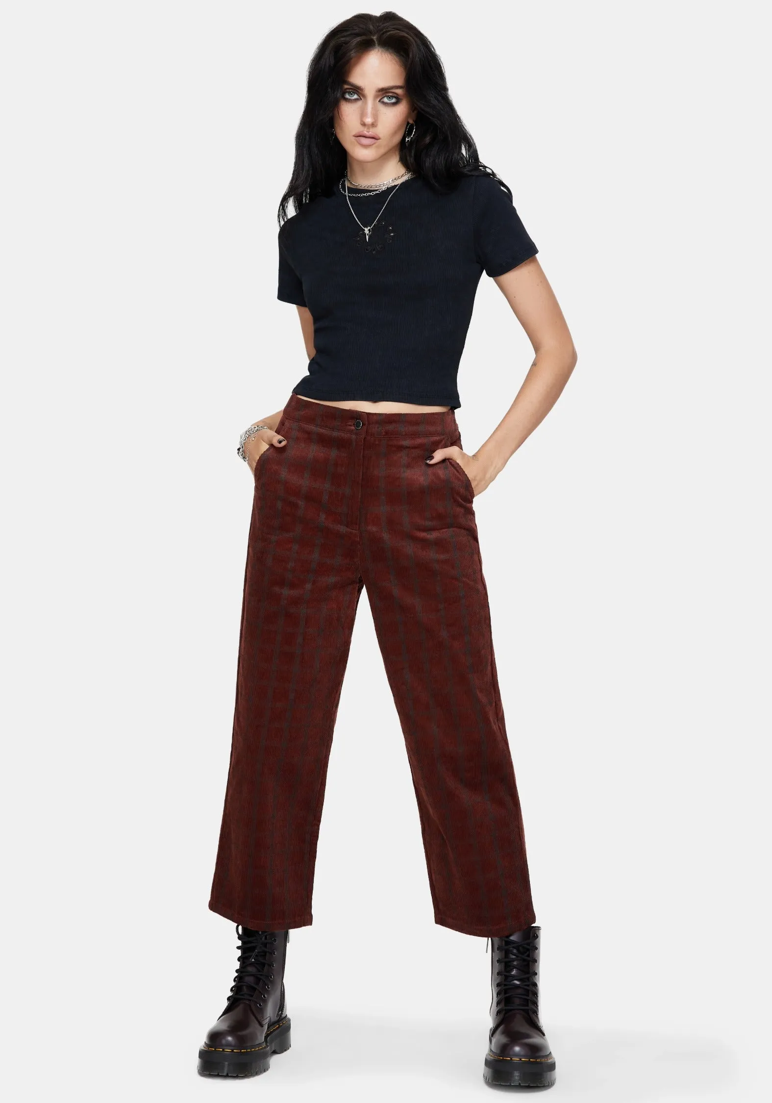Non Bulk AntiStaticTreatment Terracotta Cotton Cord Check Straight Leg Crop Trousers