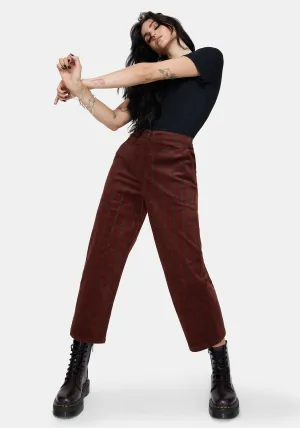 Terracotta Cotton Cord Check Straight Leg Crop Trousers Flexible Waistband