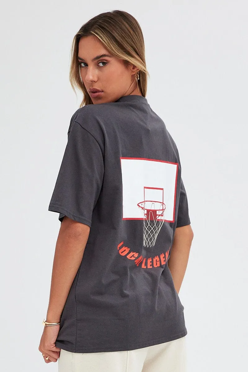 Grey T Shirt Short Sleeve Crew Neck Basketball Graphic Layerable Look Everyday Top