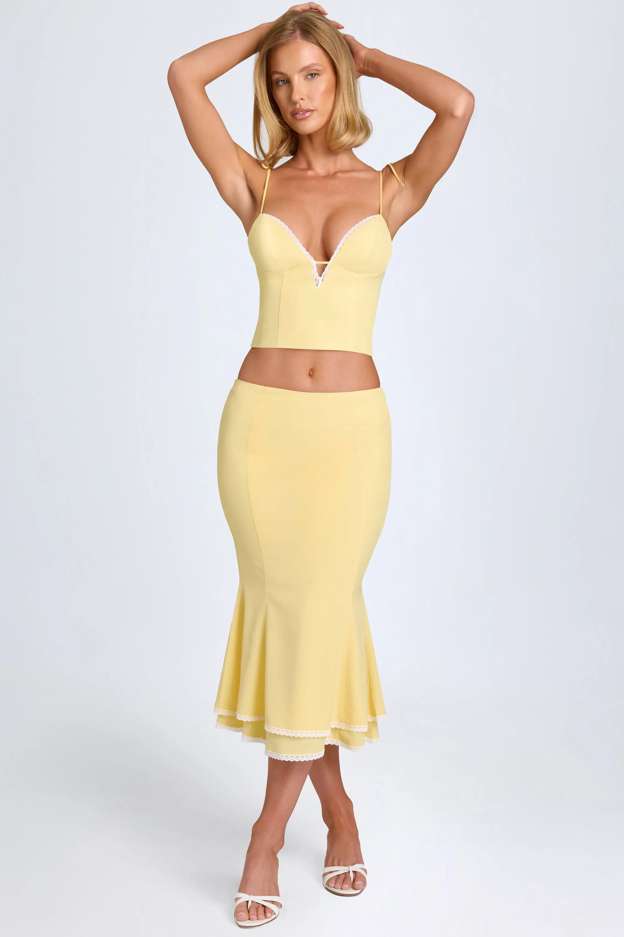 Lace-Trim Mid-Rise Midaxi Skirt in Pastel Yellow Stretchable Waist Everyday Favorite
