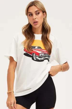 White Graphic T Shirt Short Sleeve Convertible Style