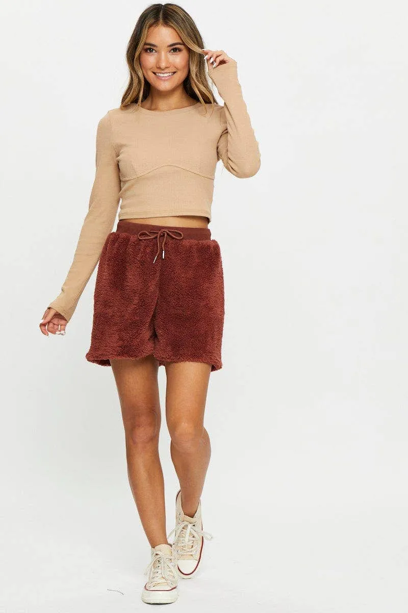 Sweat Wicking Lining Sporty Look Brown Teddy Shorts