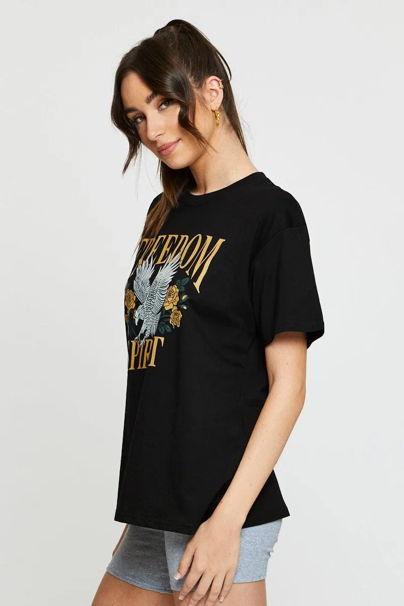 Black Graphic T Shirt Short Sleeve Flexible Outerwear StaticResistantLining