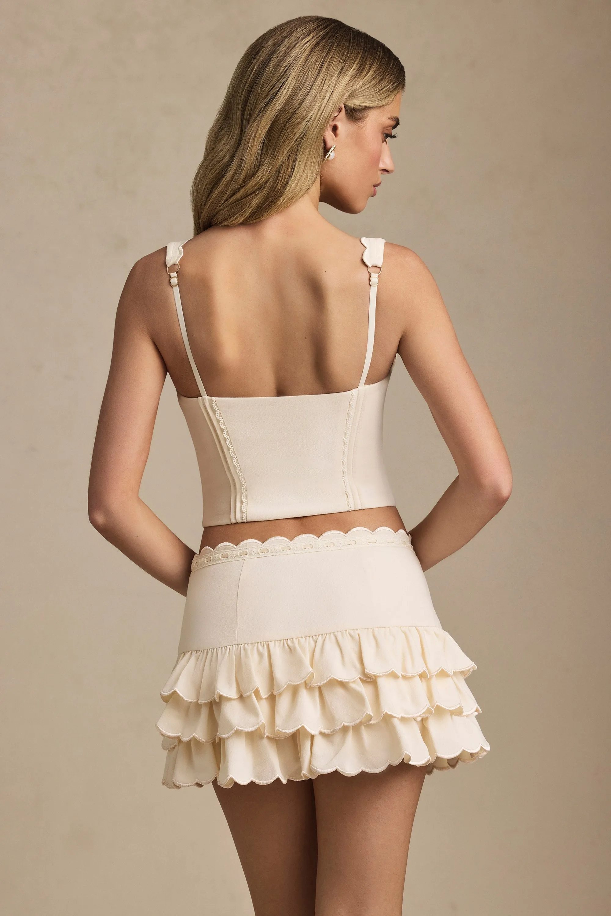 Tailored Cut Bold Details Layered Ruffled Low-Rise Mini Skirt in Ivory