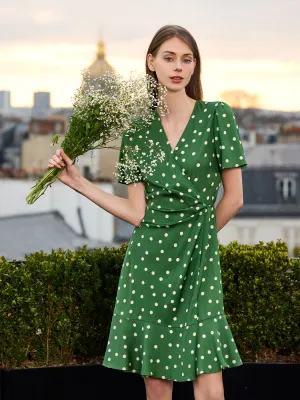 Boho Chic Look 19 Momme Mulberry Silk Polka Dots Print Ruffle Women Mini Dress With Scrunchie