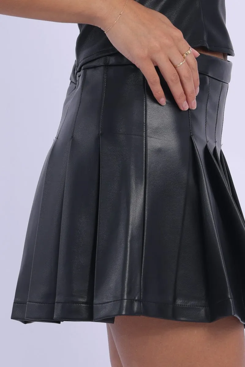 Airy Feel Pocket Design Black PU Tennis Skirt High Rise Pleated Slight Stretch